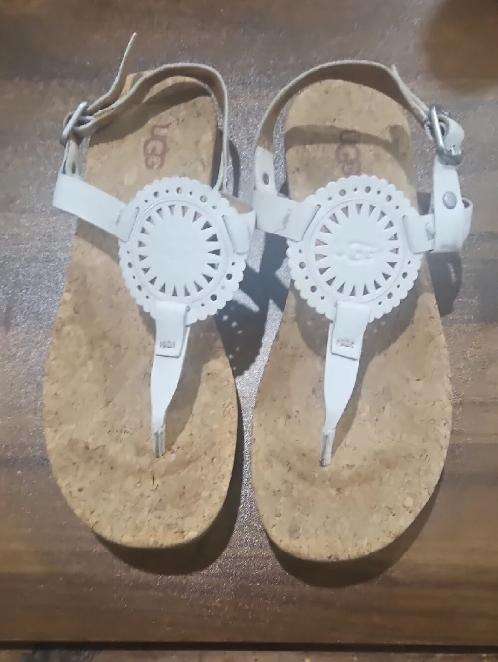 UGG White Leather Cork Thong Sandals with Medallion